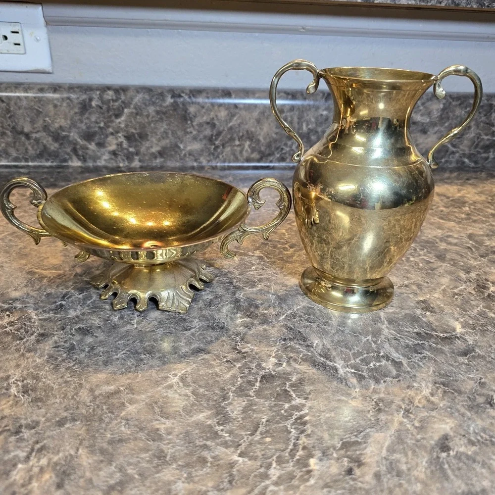 Vintage Hampton Brass 2-Piece Set Vase & Compote Bowl India Ornate Handles Decor